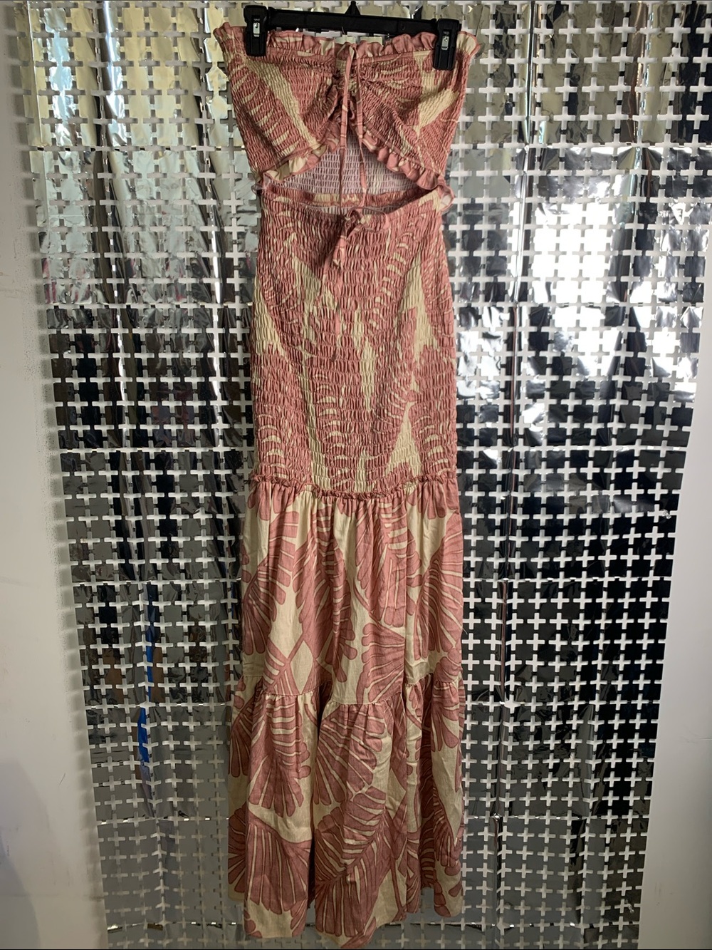 Chicme Smocked Strapless Maxi Dress in Rose and Cream Leaf Print